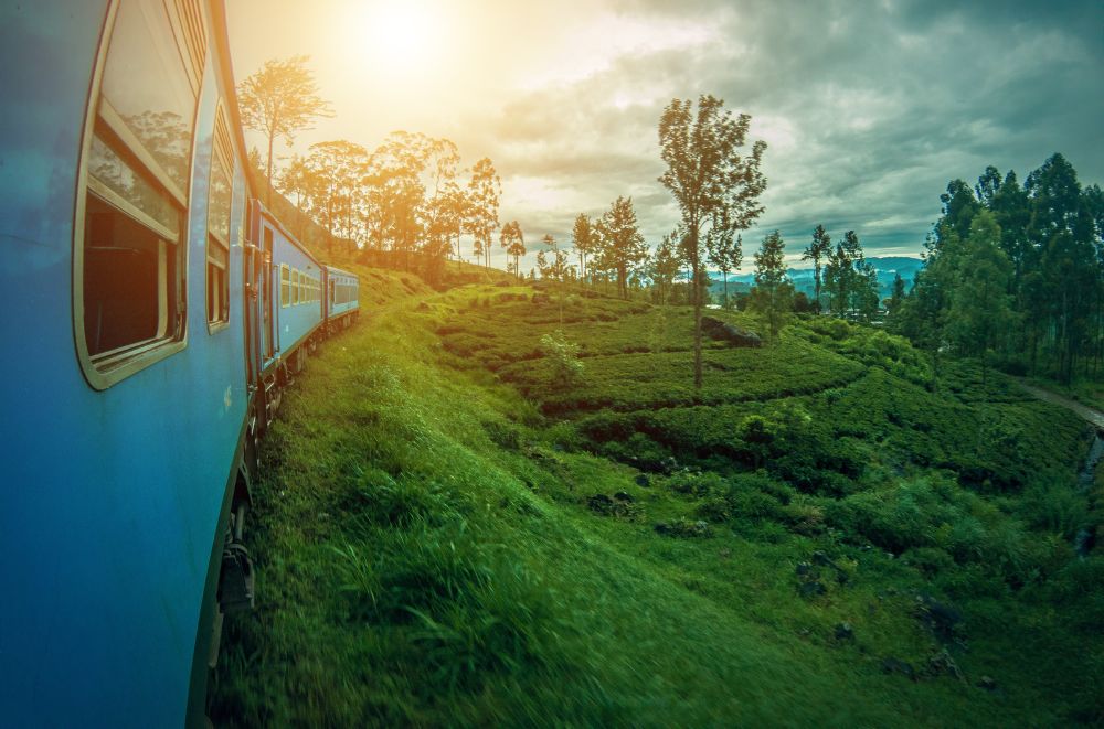 Train in Sri Lanka at sunset,